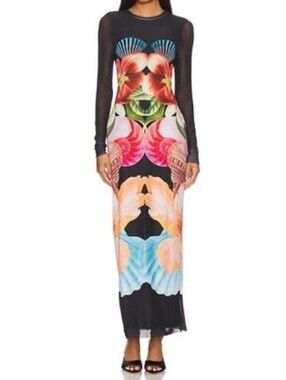 AFRM DIDI Black Mesh Maxi Dress with Vibrant Floral Mirror Print Size XS-S